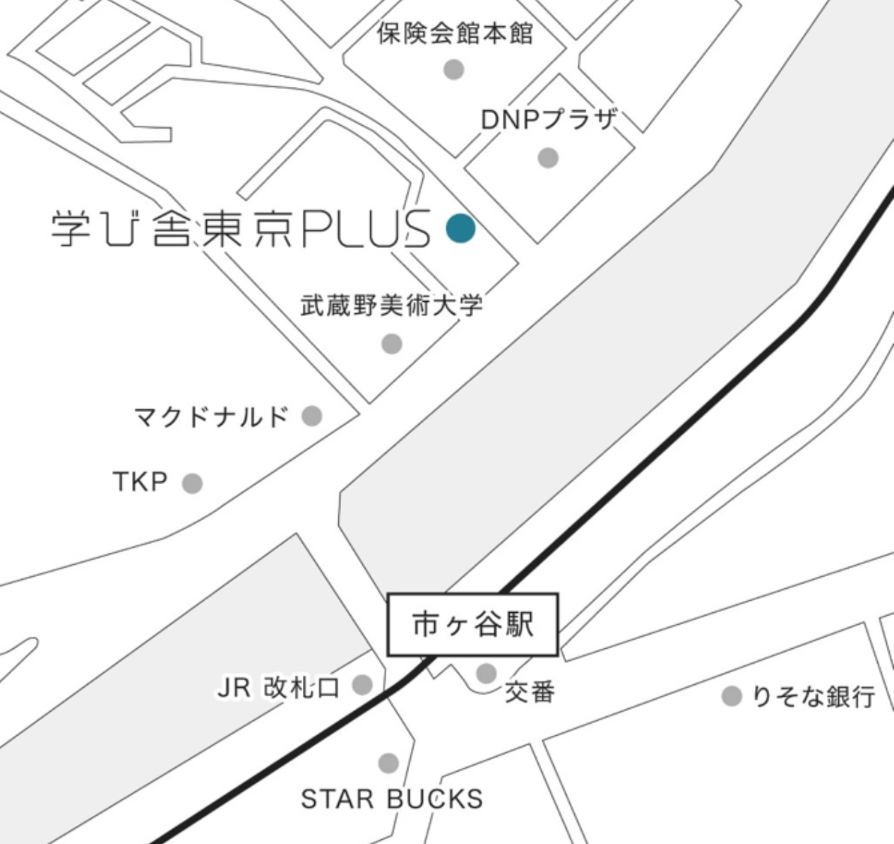 市ヶ谷駅から学び舎東京PLUSへの案内図。外堀通り沿い、武蔵野美術大学の隣です。
